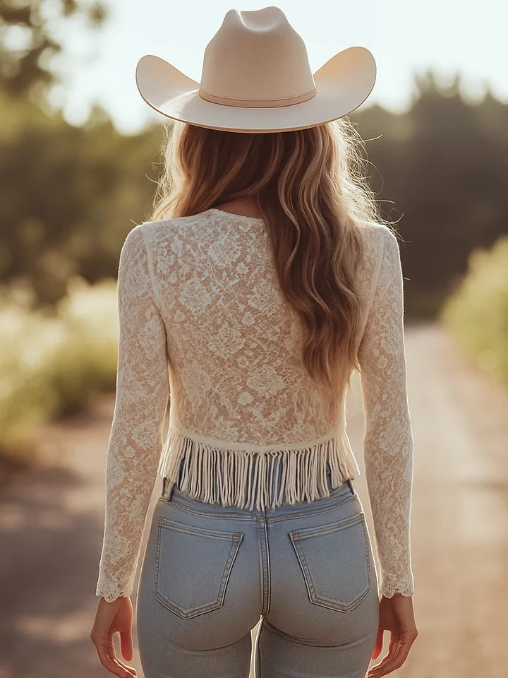 Women's Retro Lace Tassel Blouse – V-Neck Long Sleeve Cropped Top