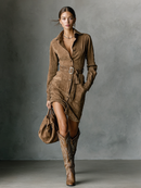 Women's Fashion Suede Single Breasted Lapel Long Sleeve Midi Dress