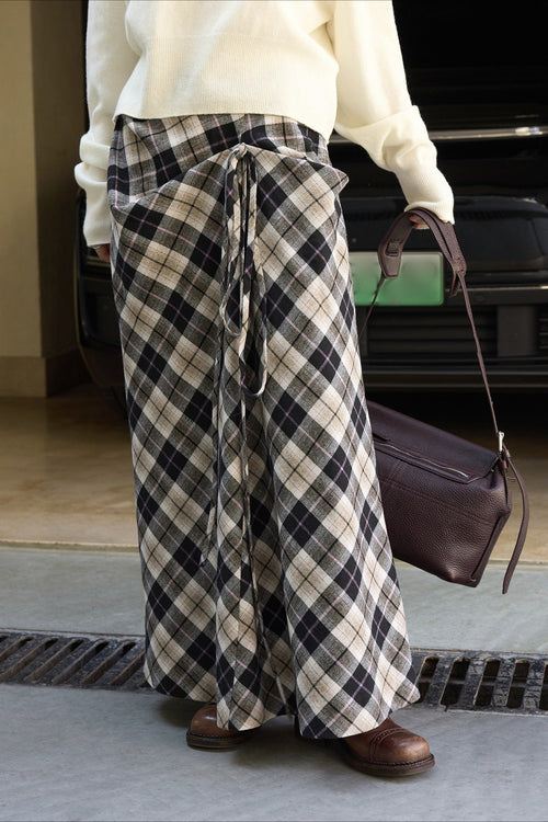 Asymmetric Color Block Plaid Midi Skirt