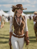 Women's Western Suede Shirt With Lace Sleeves – Brown Cowgirl Blouse