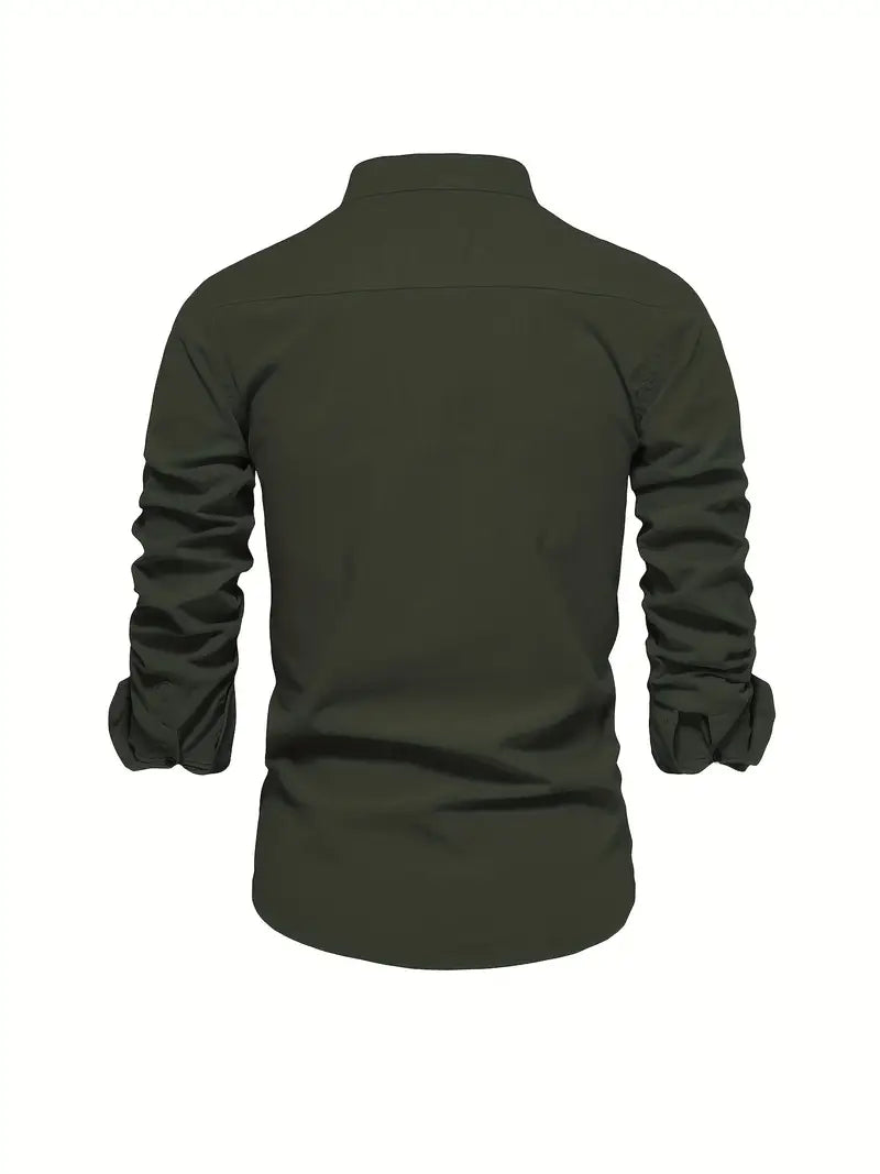 Men’s Band Collar Button Down Shirt - Stylish Long Sleeve