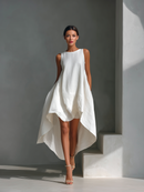 Women's White Linen Fabric Sleeveless Midi Dress With Round Neck & Asymmetric Hem
