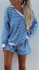 Women's V-Neck Striped Long Sleeve Two Piece Set – Casual Outfit
