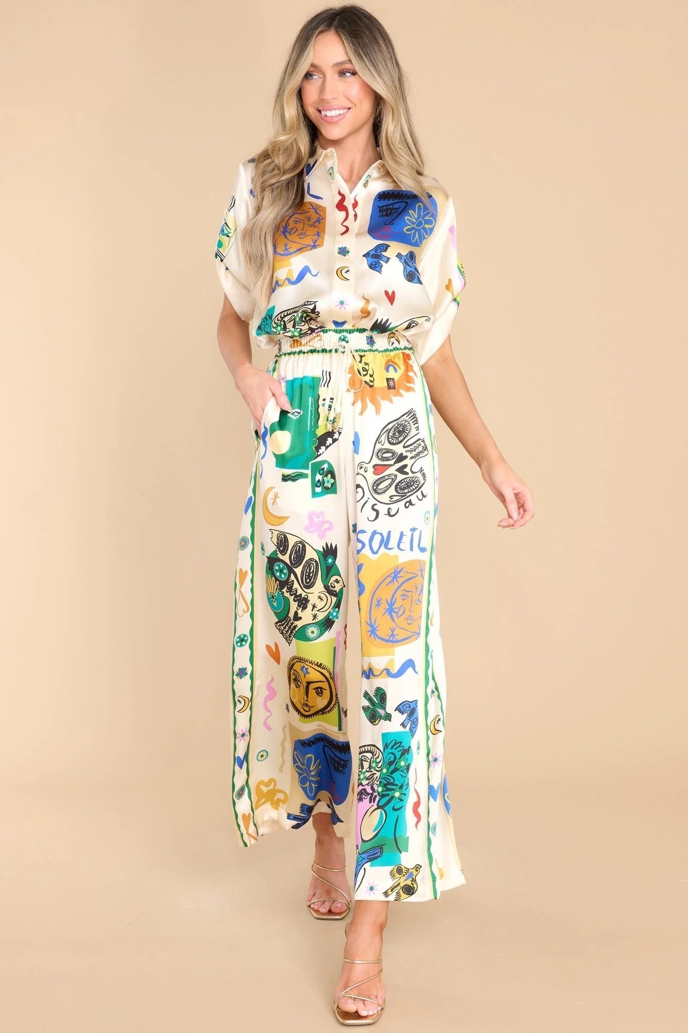 Women's Oversized Ivory Print Shirt And Pants Set – Relaxed Chic Outfit