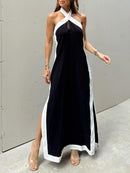 Women's Color Block Halter Neck Maxi Dress With Side Slit – Elegant Dress