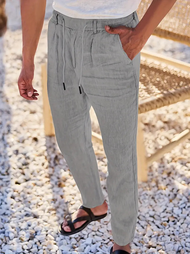 Men's Wide-Leg Linen Trousers – Drawstring Casual Summer Pants