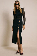 Metal Buckle High Waisted Slim Split Skirt