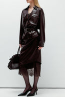 Elegant Lace Trim Leather Skirt