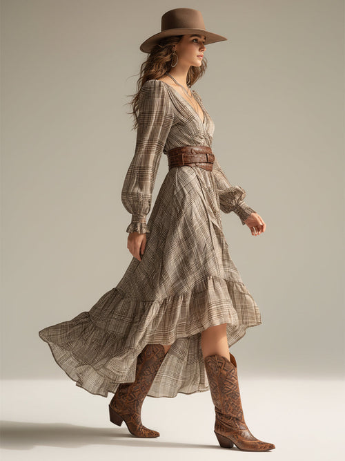 Women's Beige - Plaid Bohemian Chiffon Ruffled Midi Dress (without Belt)