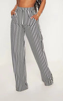 Women Stripe Printed High Waist Straight Leg Pants – Casual Pocket Trousers