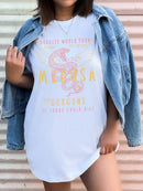 Women's Bold Letter Wings Snake Print Polo – Casual Round Neck T Shirt