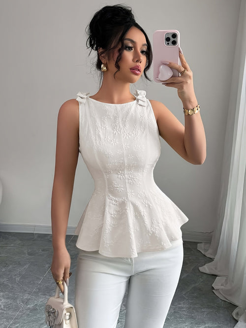 Women's Round Neck Sleeveless Flared Top – Floral Bow Accent Blouse