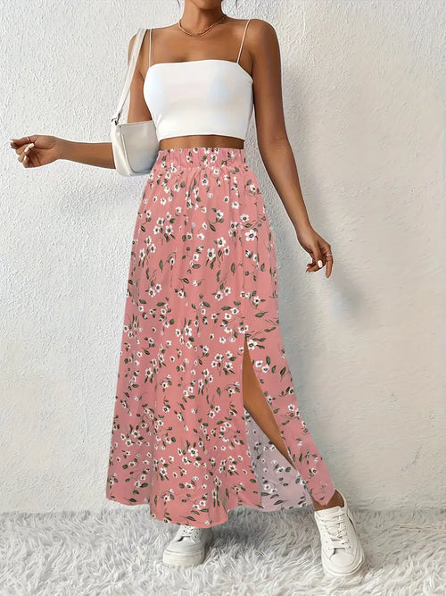 Women's High-Waisted Floral Maxi Skirt – Lightweight Side Slit