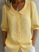 Women's Floral Embroidered Peter Pan Collar Blouse – Lightweight Vintage Top