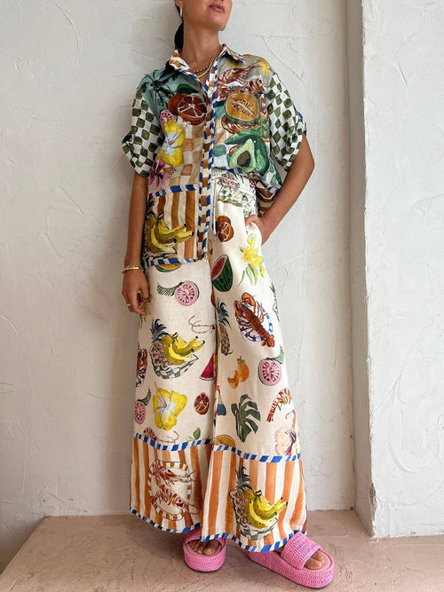 Women's Tropical Fruit Print Shirt And Wide Leg Pants Set – Summer Vacation Outfit