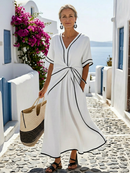Women’s V-Neck Gathered Waist Midi Dress – Short Sleeve Elegant Casual Style