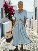 Women’s V-Neck Gathered Waist Midi Dress – Short Sleeve Elegant Casual Style