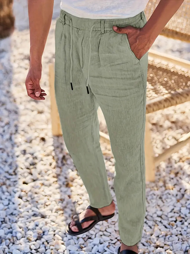 Men's Wide-Leg Linen Trousers – Drawstring Casual Summer Pants