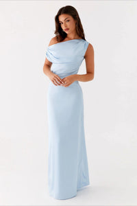 Women's Solid Asymmetric Neckline Formal Maxi Dress – Evening Gown