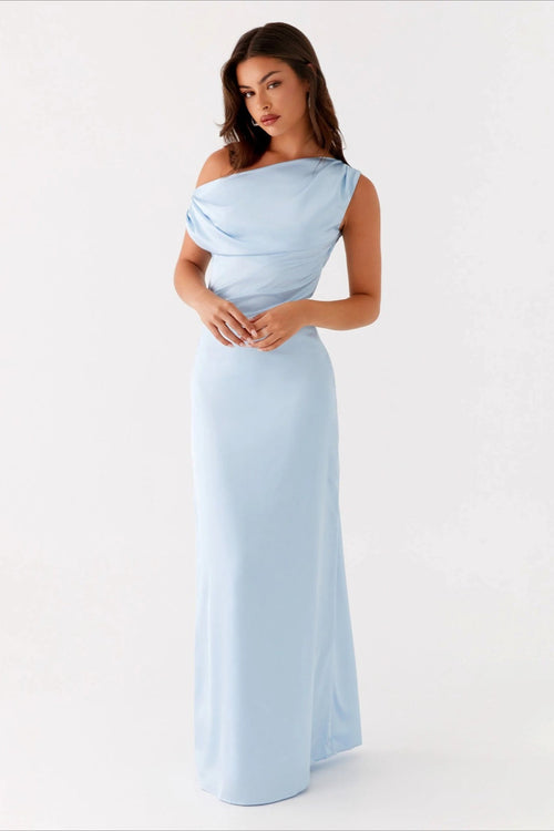 Women's Solid Asymmetric Neckline Formal Maxi Dress – Evening Gown