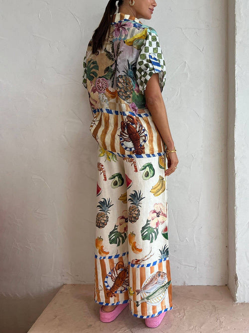 Women's Tropical Fruit Print Shirt And Wide Leg Pants Set – Summer Vacation Outfit