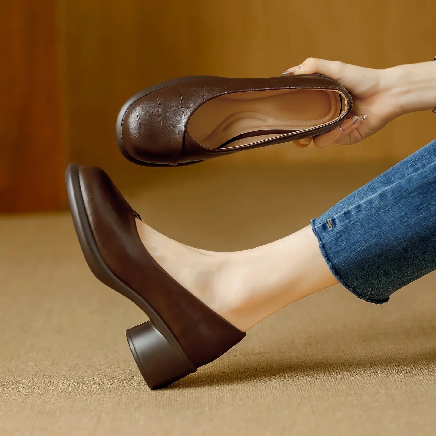 Women's Brown Leather Platform Pumps With Chunky Heels – Stylish Heels