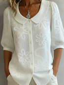Women's Floral Embroidered Peter Pan Collar Blouse – Lightweight Vintage Top