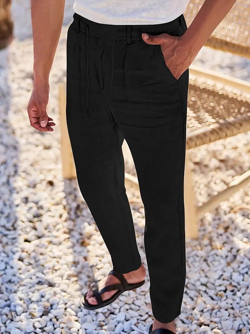 Men's Wide-Leg Linen Trousers – Drawstring Casual Summer Pants