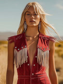 Women's Western Red Suede Tassel Playsuit – Cowboy Fringe Button Romper
