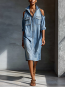 Women's Light Blue Denim Cold-Shoulder Shirt Dress With Chest Pockets