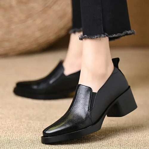 Women's Pointed Toe Leather Loafers With Chunky Heels – Casual Shoes