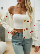 Women's V-Neck Heart Print Knit Cardigan – Button-Up Sweater