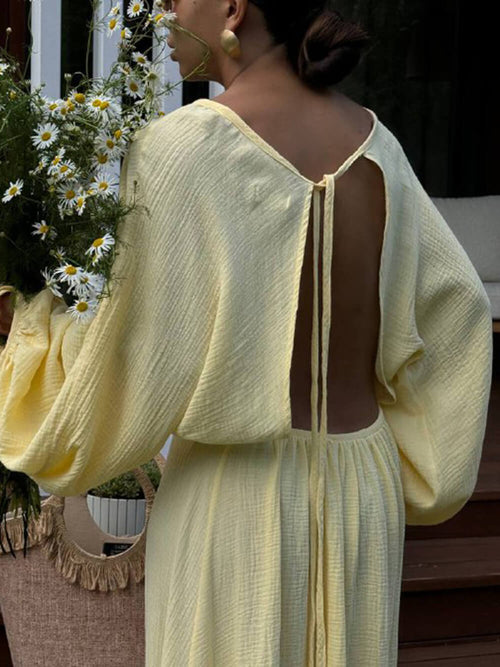 Women's Pleated Slit Lantern Sleeve Maxi Dress – Elegant Flowing Gown