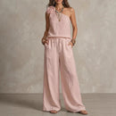 Two-Tone Linen Set: Sleeveless Top & Trousers