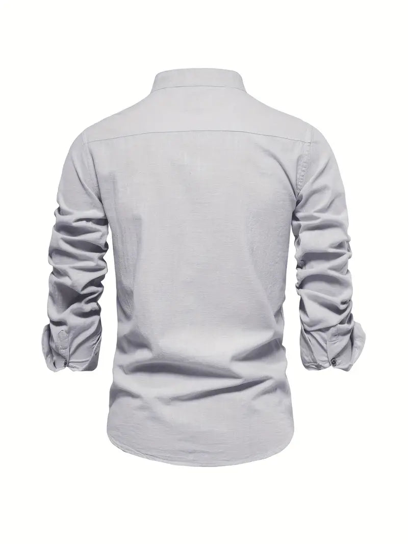 Men’s Band Collar Button Down Shirt - Stylish Long Sleeve