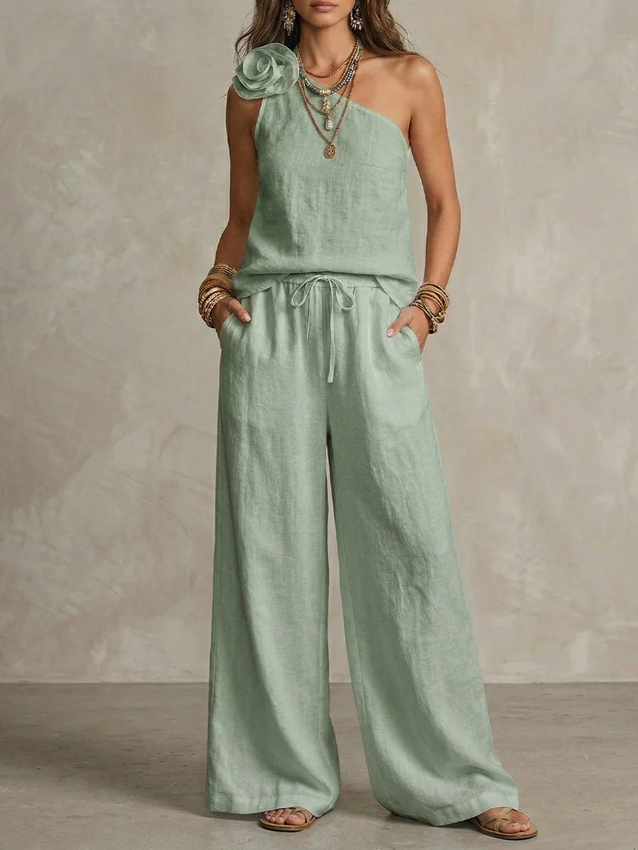 Two-Tone Linen Set: Sleeveless Top & Trousers