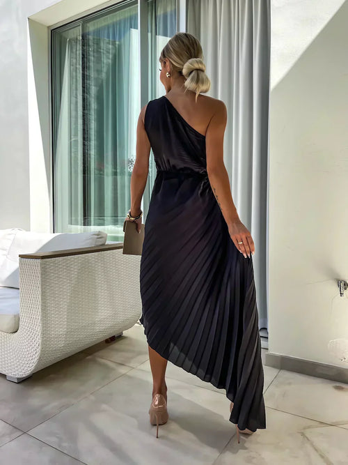 Women's One-Shoulder Pleated Elegant Dress – Flowing Evening Gown