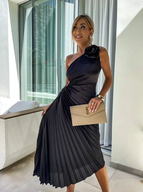 Women's One-Shoulder Pleated Elegant Dress – Flowing Evening Gown