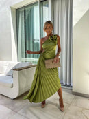 Women's One-Shoulder Pleated Elegant Dress – Flowing Evening Gown