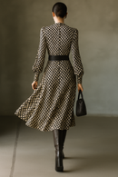 Women's Black And White Netted Chiffon Midi Dress (Without Belt)