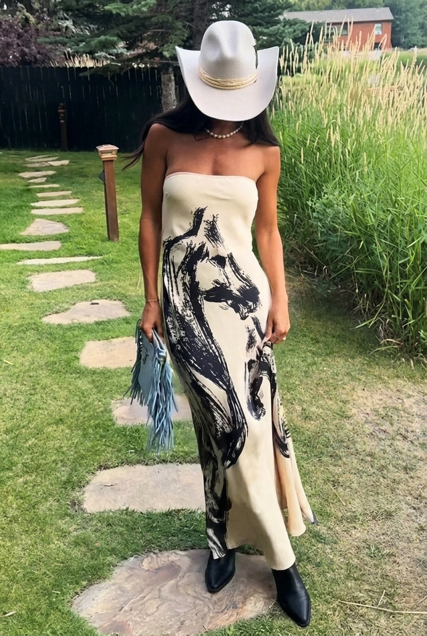 Women's Elegant Maxi Tube Dress With Horse Print – Strapless Dress