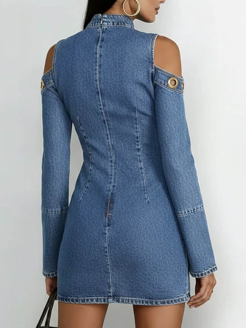 Women's Long-Sleeve Short Denim Dress – Ring Patterns Mini