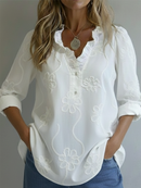 Women's V-Neck Longsleeve Linen Blouse – Floral Embroidered Top