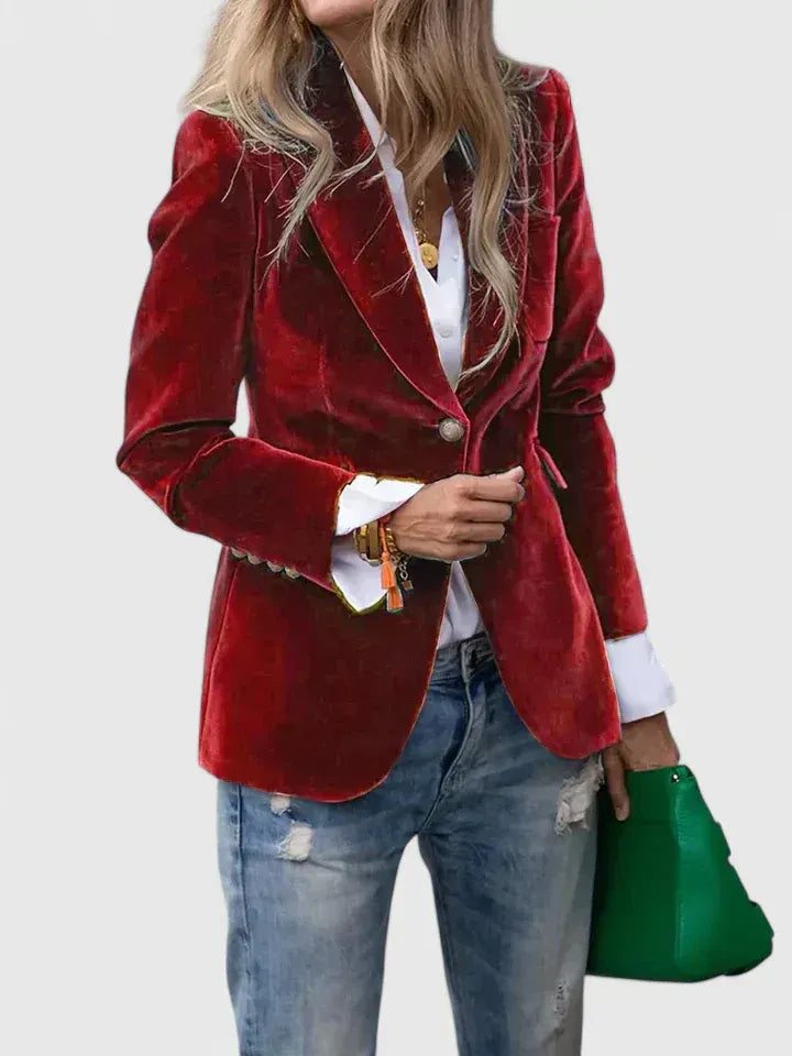 Women's Notch Lapel Button Black Velvet Blazer – Elegant Tailored Jacket
