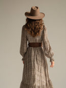 Women's Beige - Plaid Bohemian Chiffon Ruffled Midi Dress (without Belt)