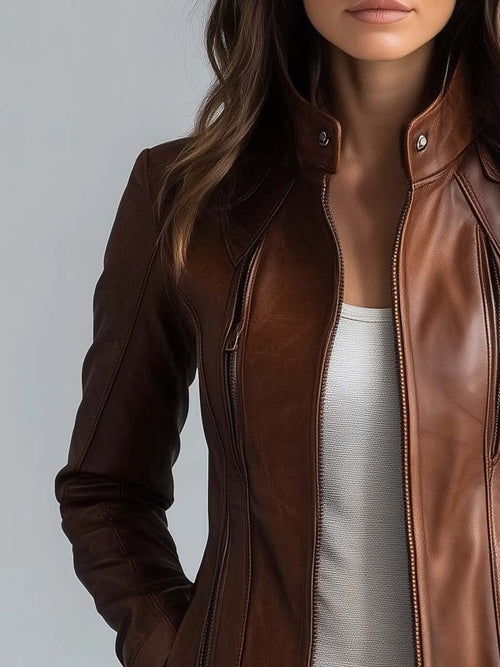Women's Stand Collar Vintage Faux Leather Hip-Length Jacket – Biker