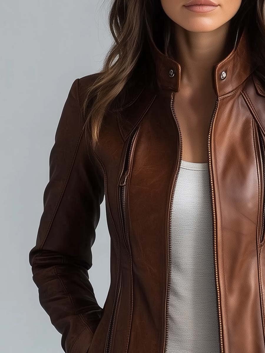 Women's Stand Collar Vintage Faux Leather Hip-Length Jacket – Biker