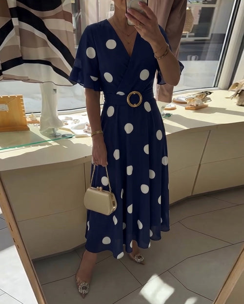 Polka Dot Fitted V-Neck Dress