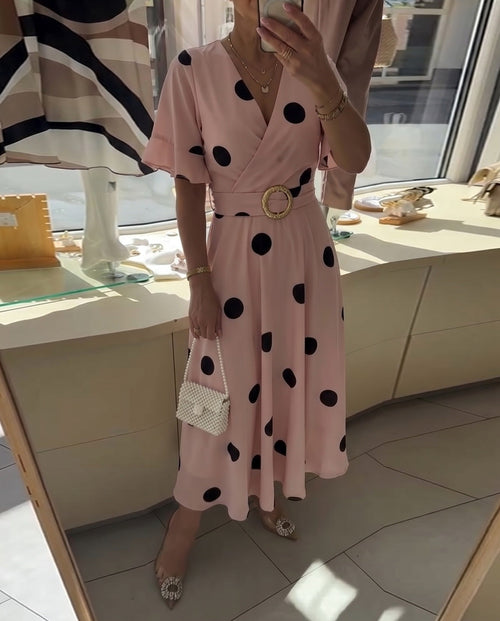 Polka Dot Fitted Dress with V-Neckline