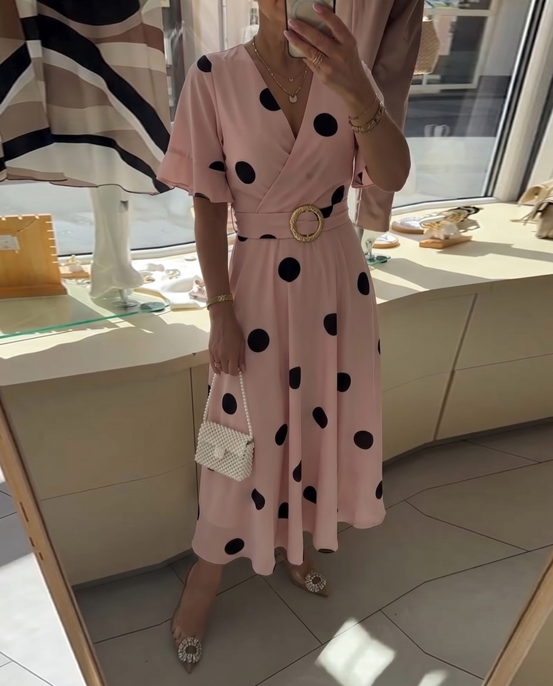 Polka Dot Fitted V-Neck Dress